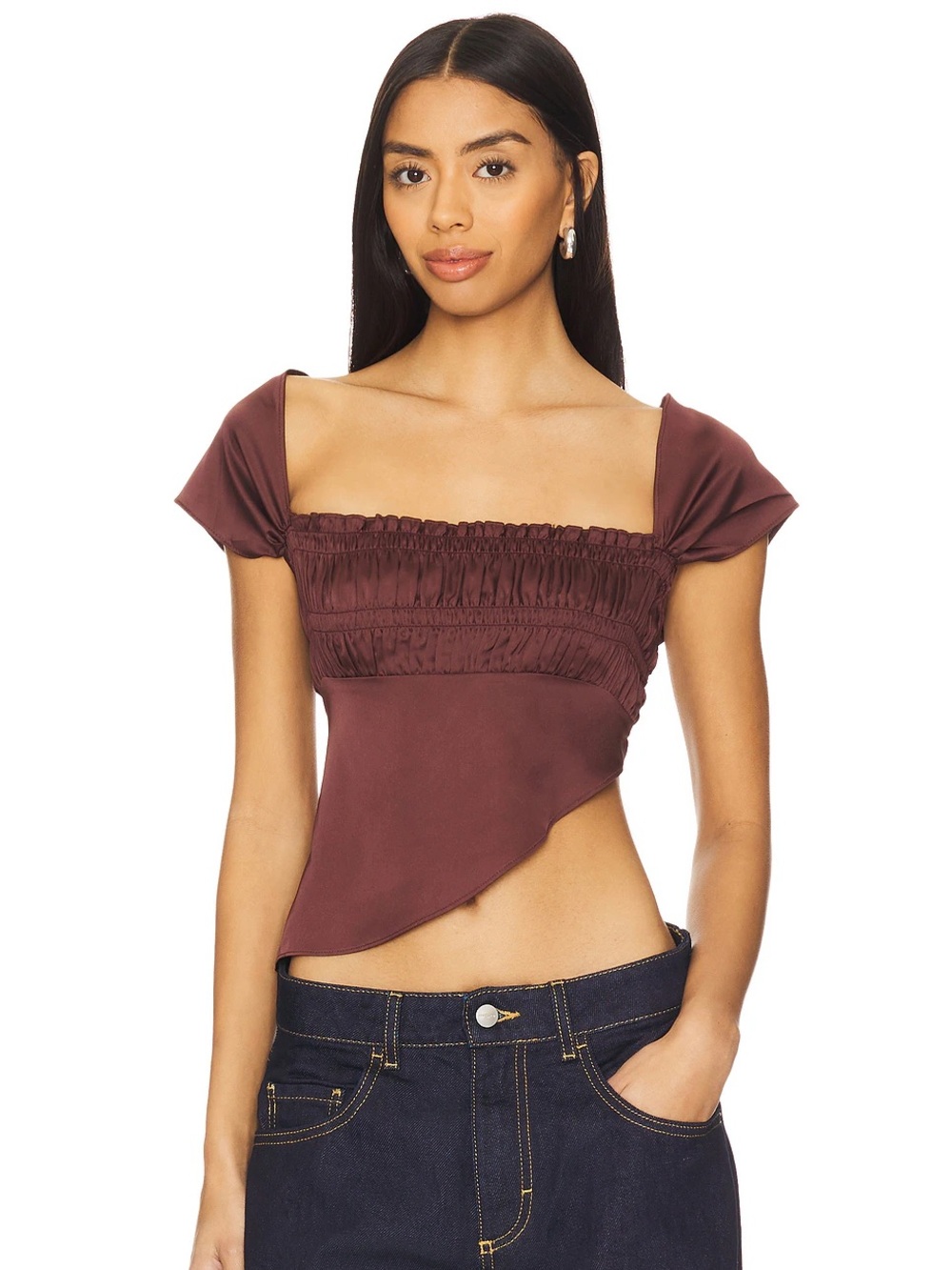 Lioness District Garnet Brown Smocked Asymmetrical Crop Top XS NWT